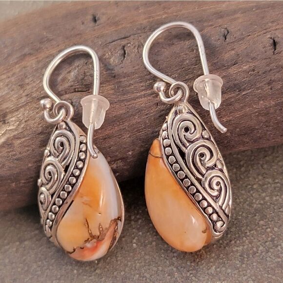 Sterling Orange White Agate Pear Cab Swirl Bezel Earrings - Picture 2 of 7